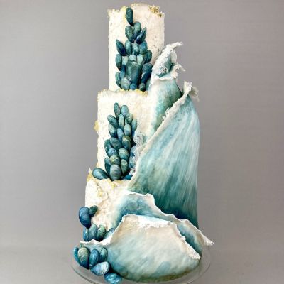 Three Tier Textured Wedding Cake With Wave Design and Edible Sugar Mussel Shells, Hand Painted Watercolour With Edible Gold Leaf Highlights