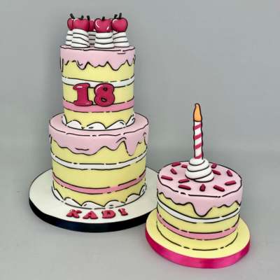 comic style birthday cakes a two tier and a single tier