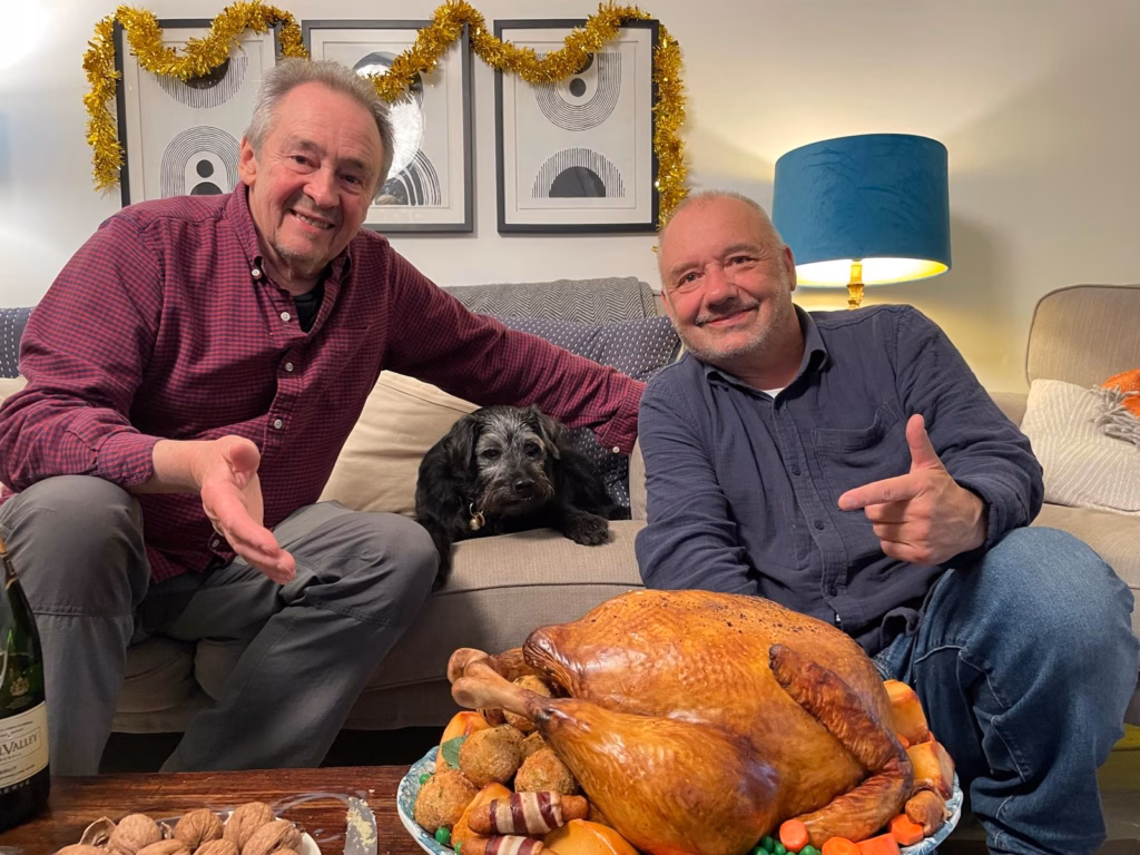 Bespoke turkey cake by Niki Lowe Cake Design created for BBC2, photographed with Paul Whitehouse and Bob Mortimer